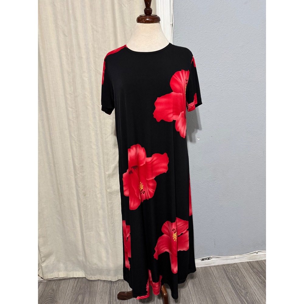 Kisses & Hugs Black Red Hibiscus Floral Maxi Dress Tunic Relax Style M USA Made‎